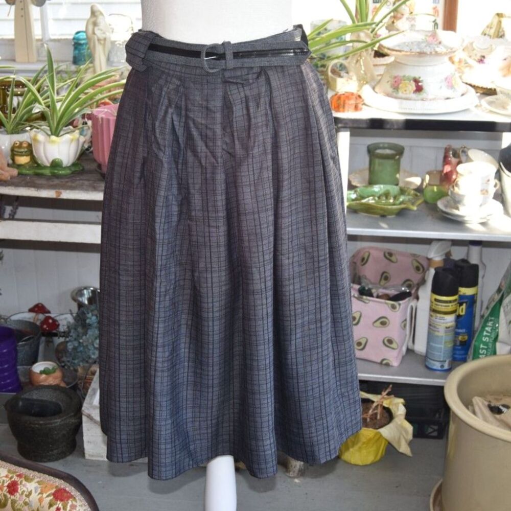 Vintage 1950s Plaid Full Skirt Pleated Belted Metal Talon Zipper Waist 28 Small